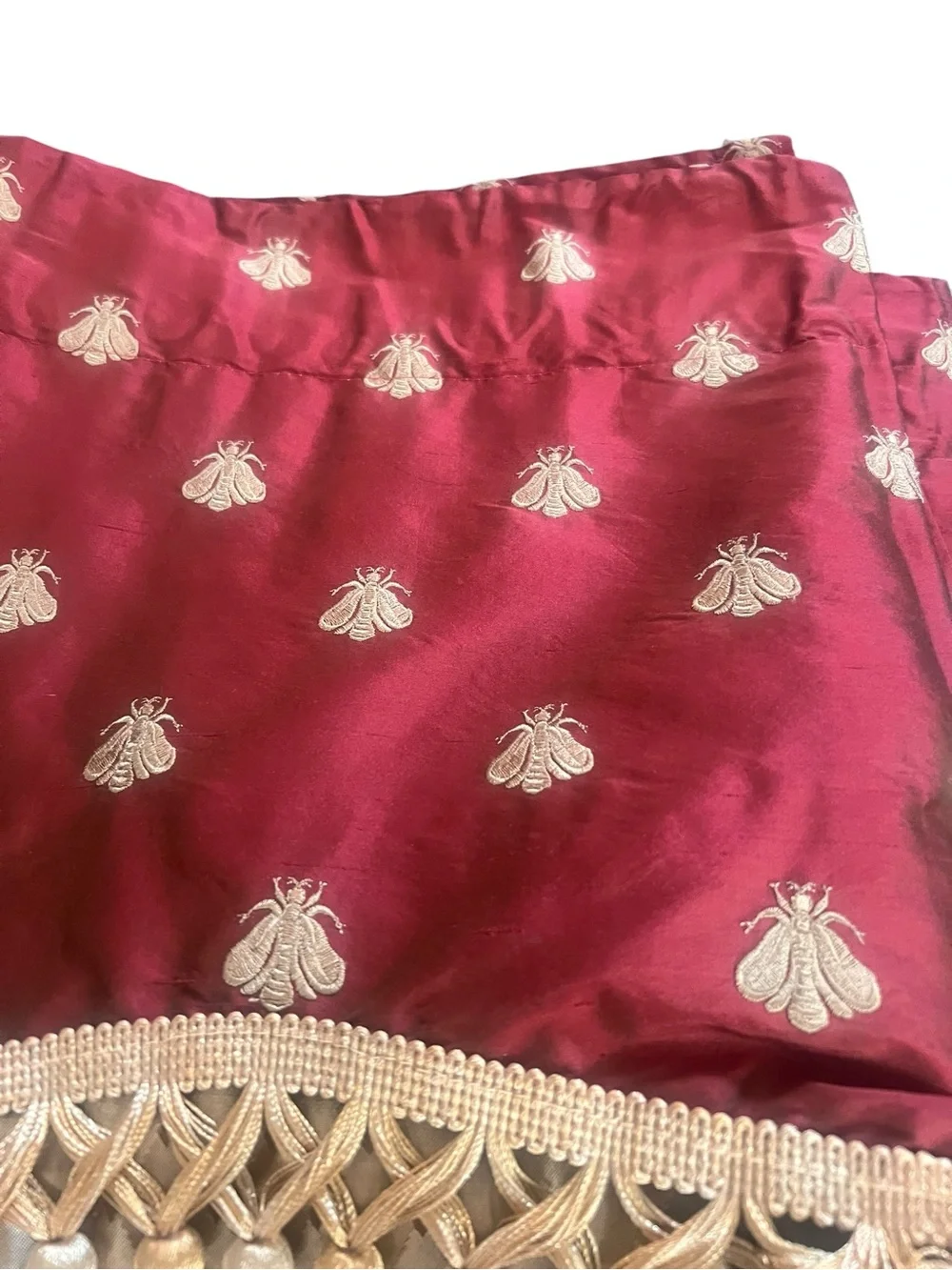Pair Pure Silk Empire Valances Embroidered Gold Bees Scalloped Fringe